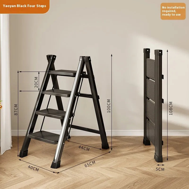 Household folding telescopic ladder lightweight alloy four-step black colour
