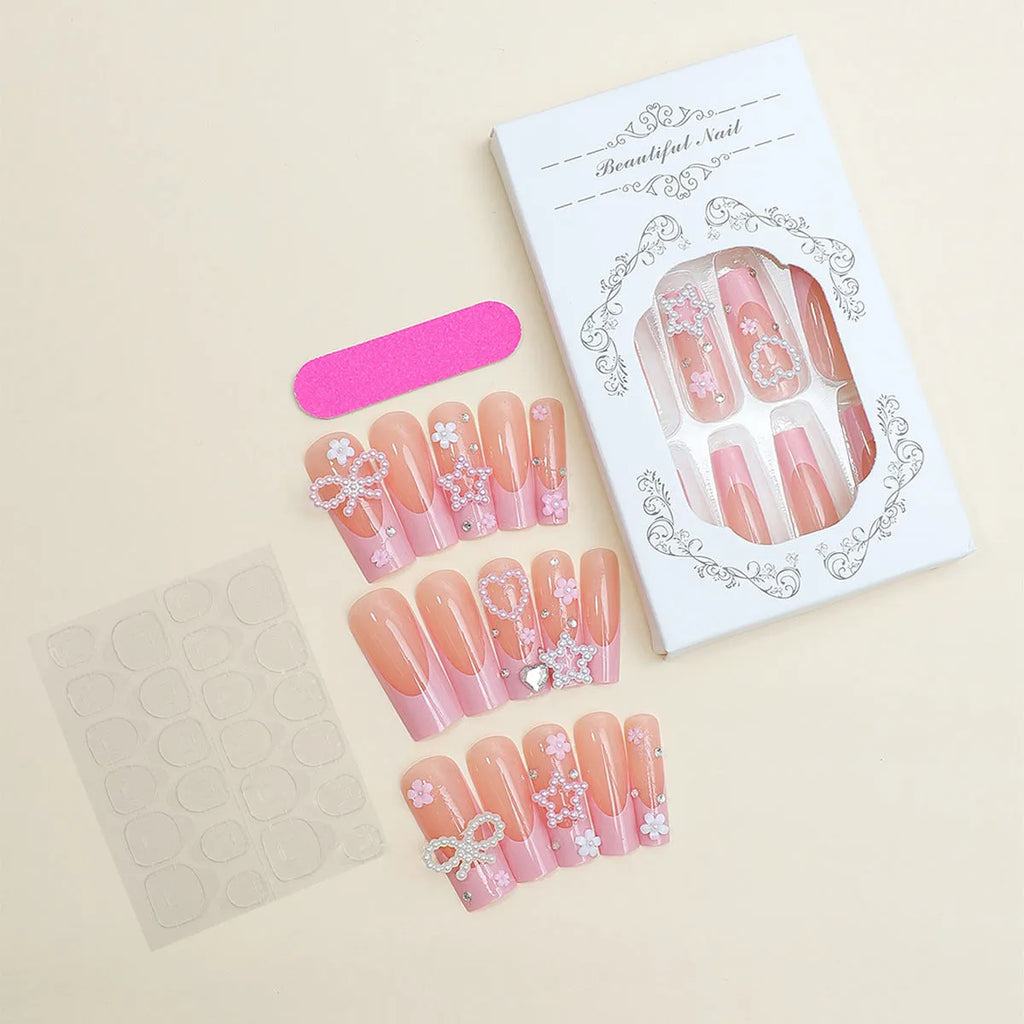 French style long water pipe wearable nails with a bow detail in colour XB-70-48.