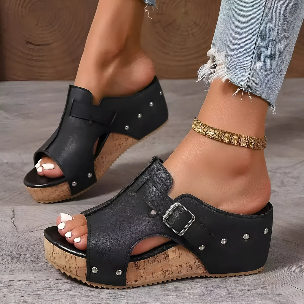 Plus size wedge sandals with rivet detail and fish mouth toe in black PU upper