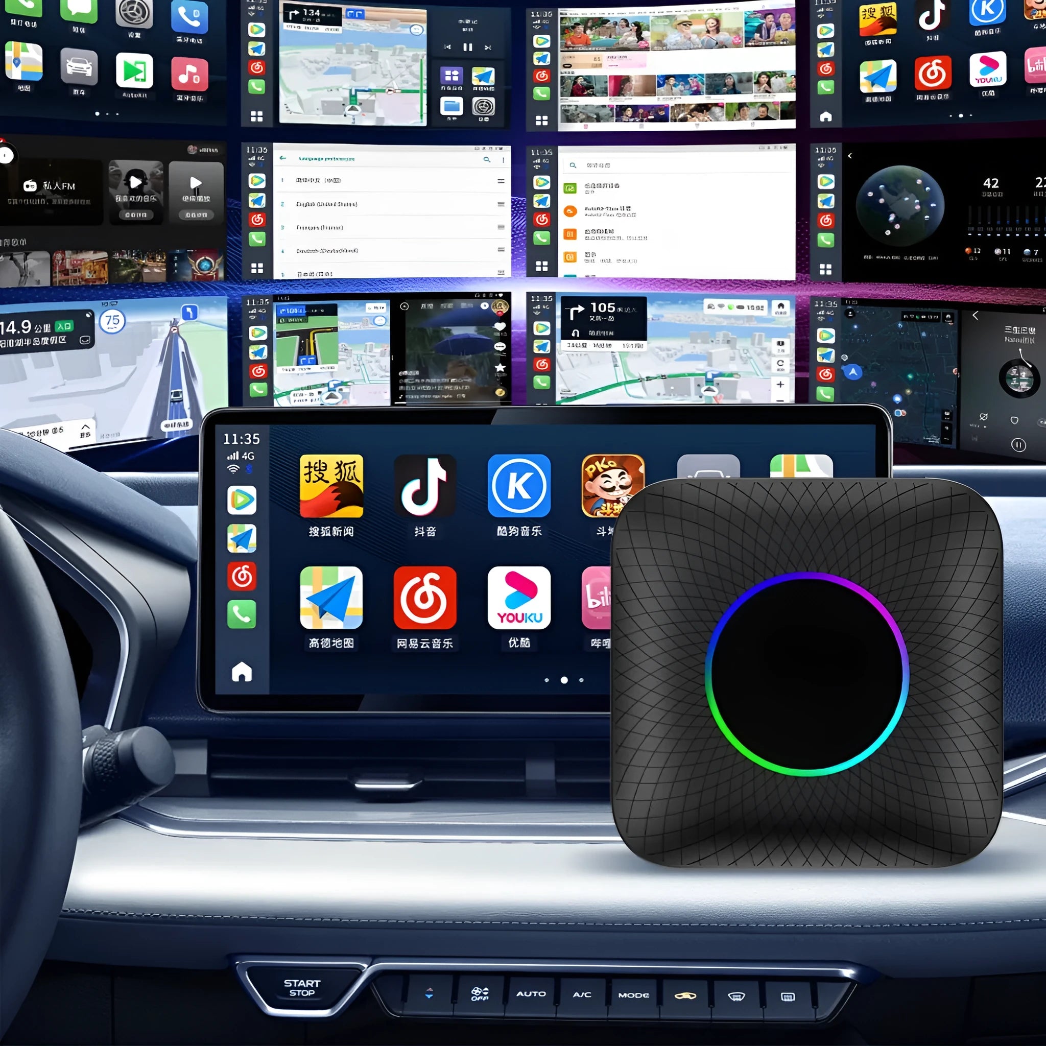 Tbox-Led Wireless CarPlay adapter mini box for cars with wired CarPlay, showing compact size