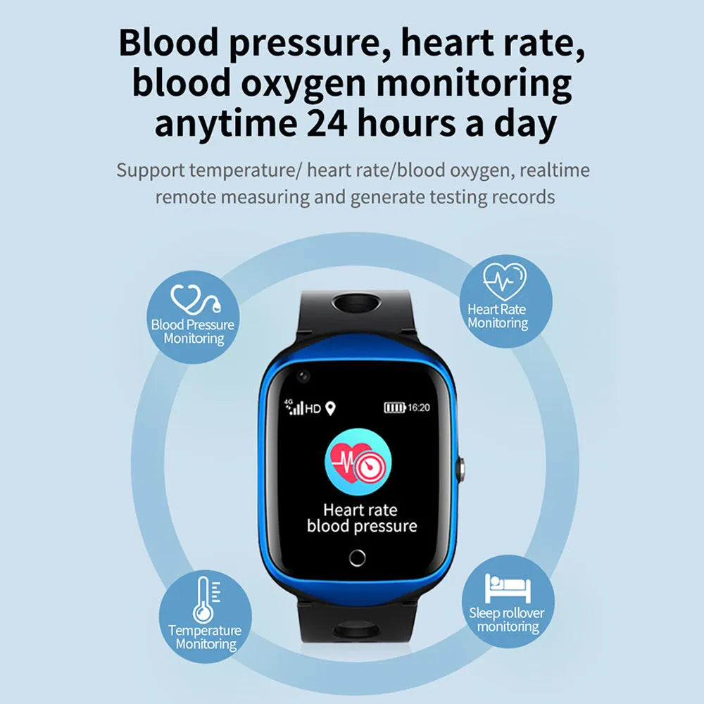 Square-faced silver smartwatch for seniors with a black silicone strap on a wrist, showing a colour screen display.