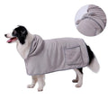 Blue adjustable dog bath robe towel showing waistband and size chart for XS to XL