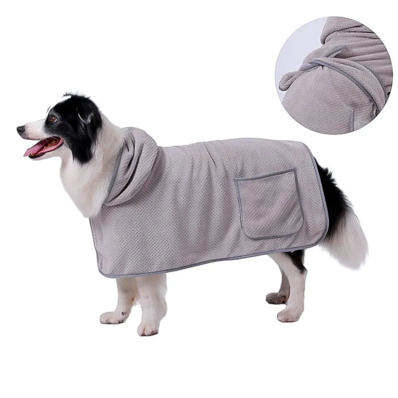 Blue adjustable dog bath robe towel showing waistband and size chart for XS to XL