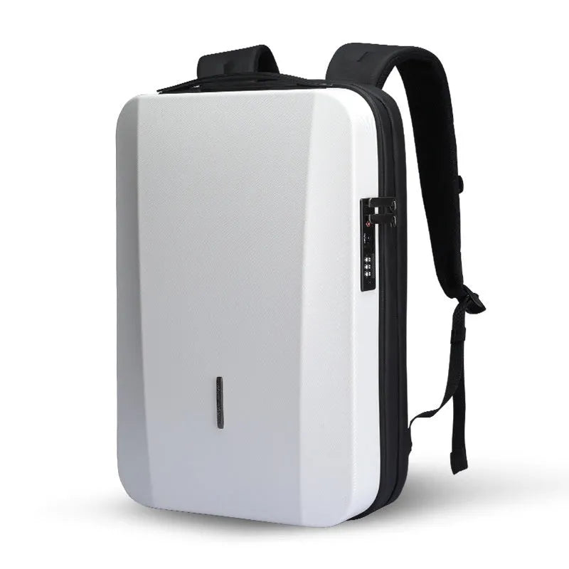 Anti-theft 17.3-inch laptop backpack with ABS hard shell, USB interface, and curved shoulder straps in Deep Space Black
