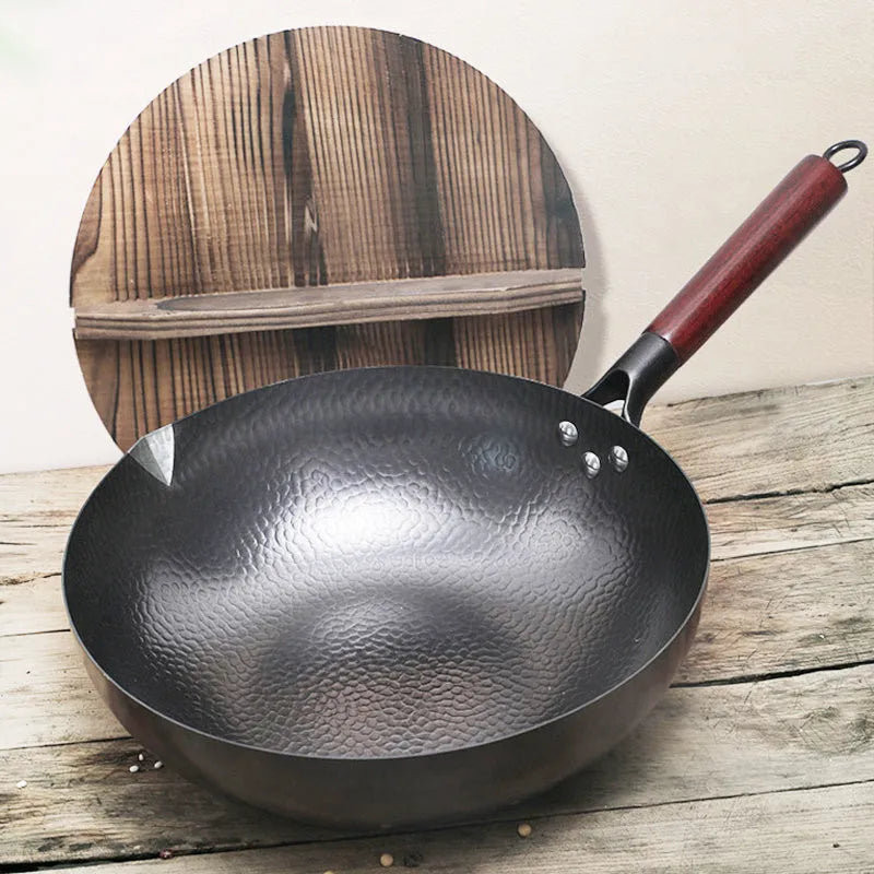Traditional black iron wok with wooden handle, 40cm diameter with induction-compatible base