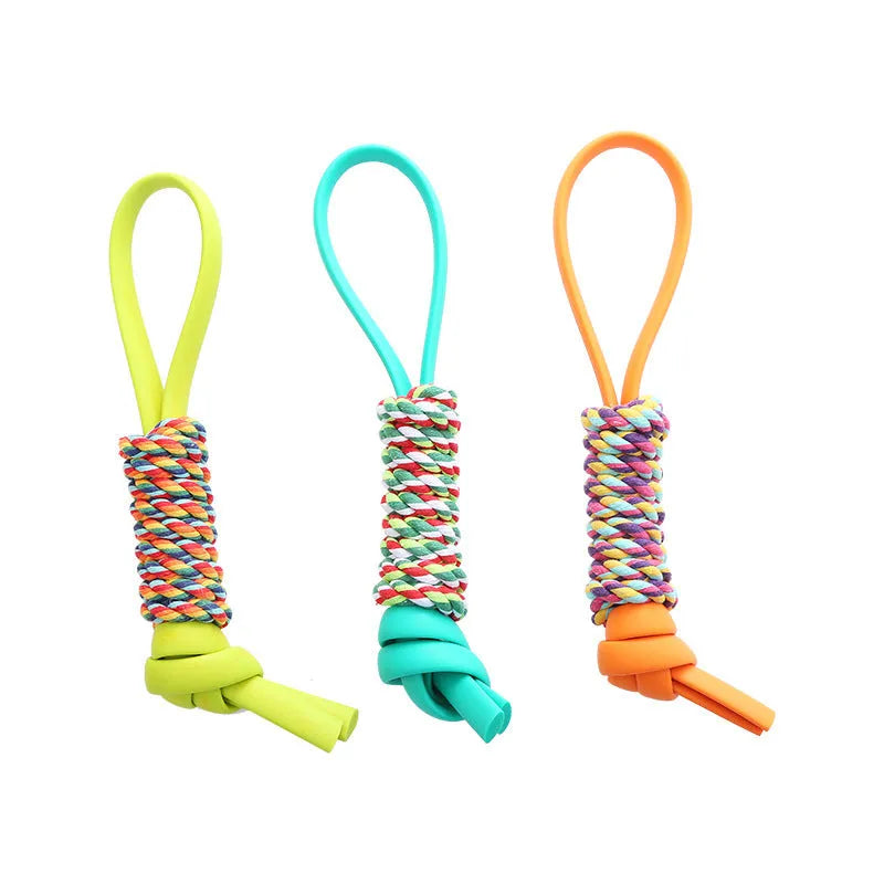 TPR dog chew toy in orange, blue, and green colours for bite-resistant teeth cleaning