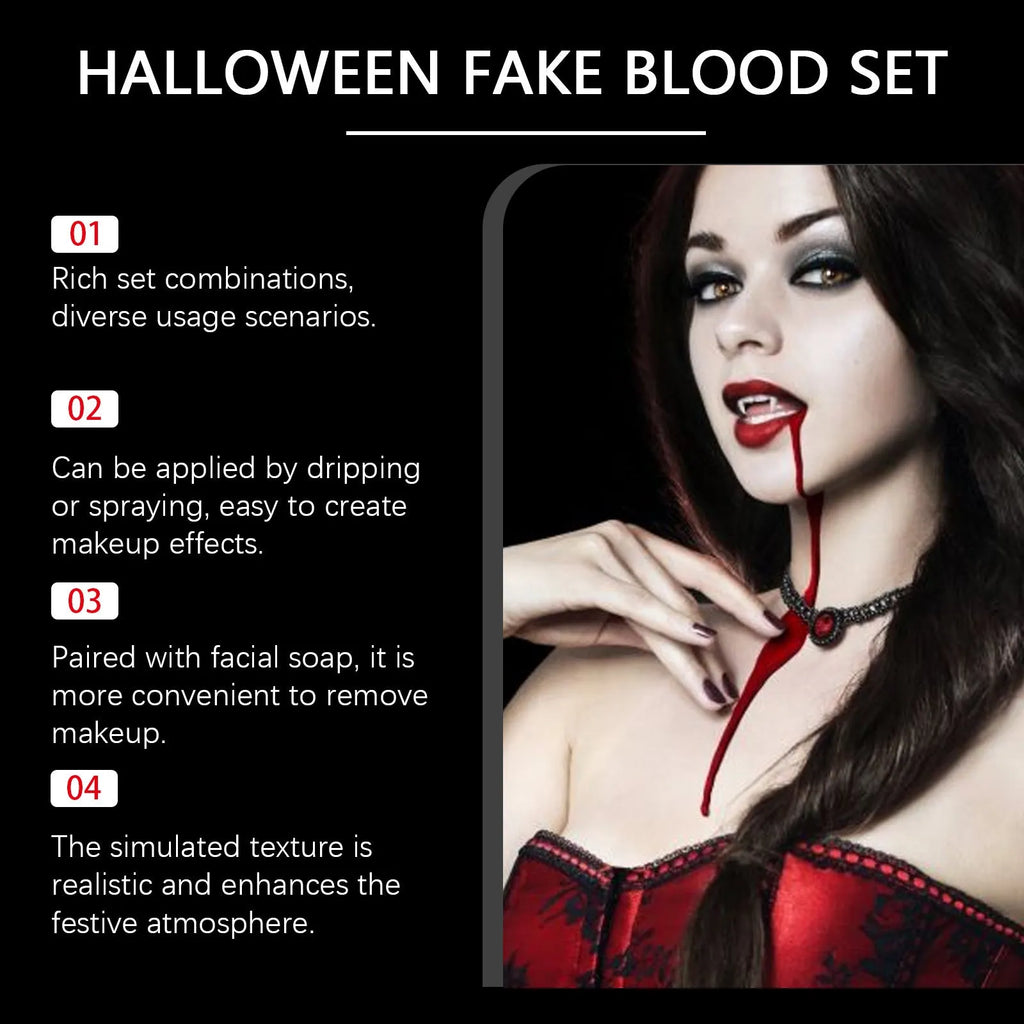 3-piece washable fake blood makeup set with plasma drops, spray, and surface soap for Halloween horror effects