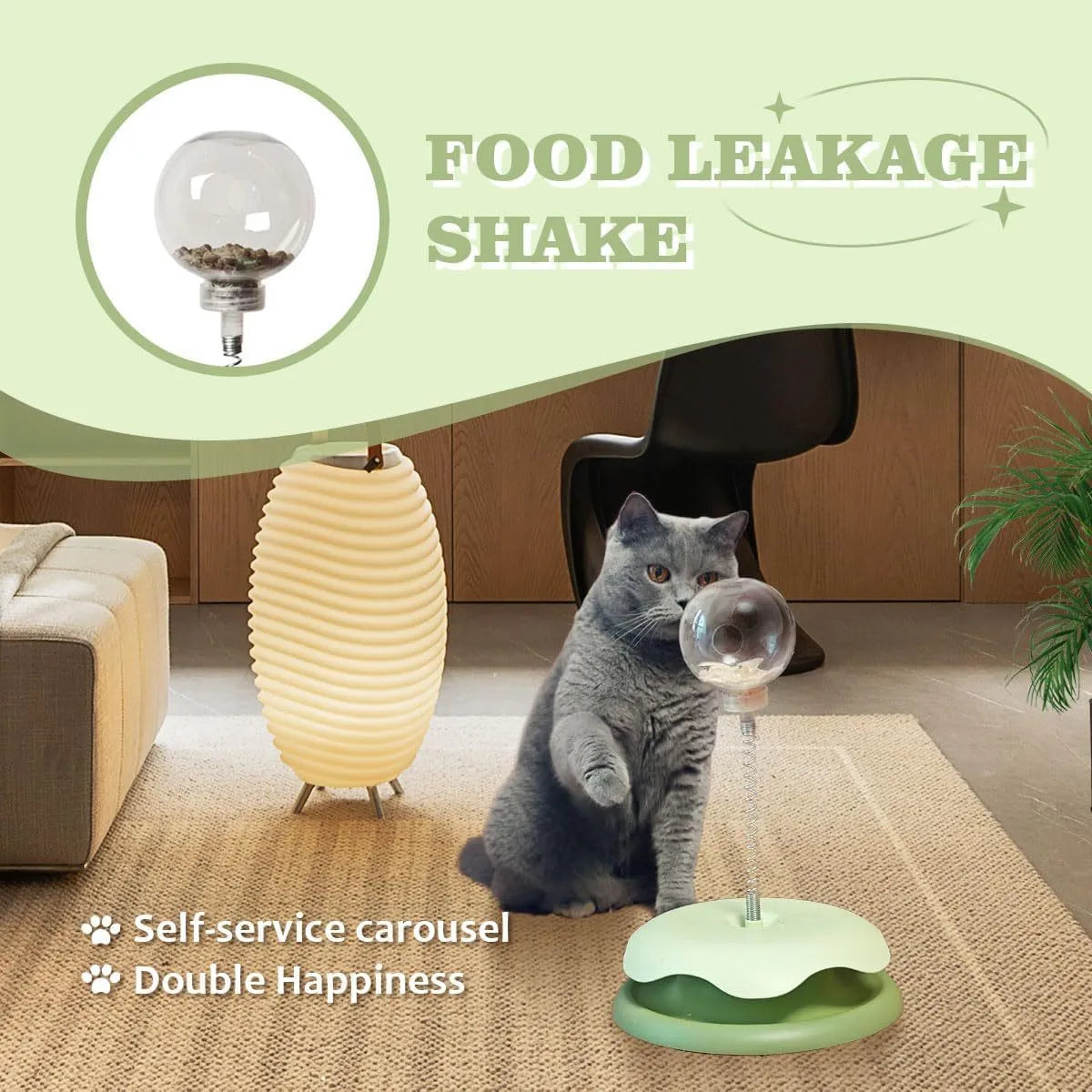 Blue and green cat treat dispenser toy with track ball for slow feeding entertainment