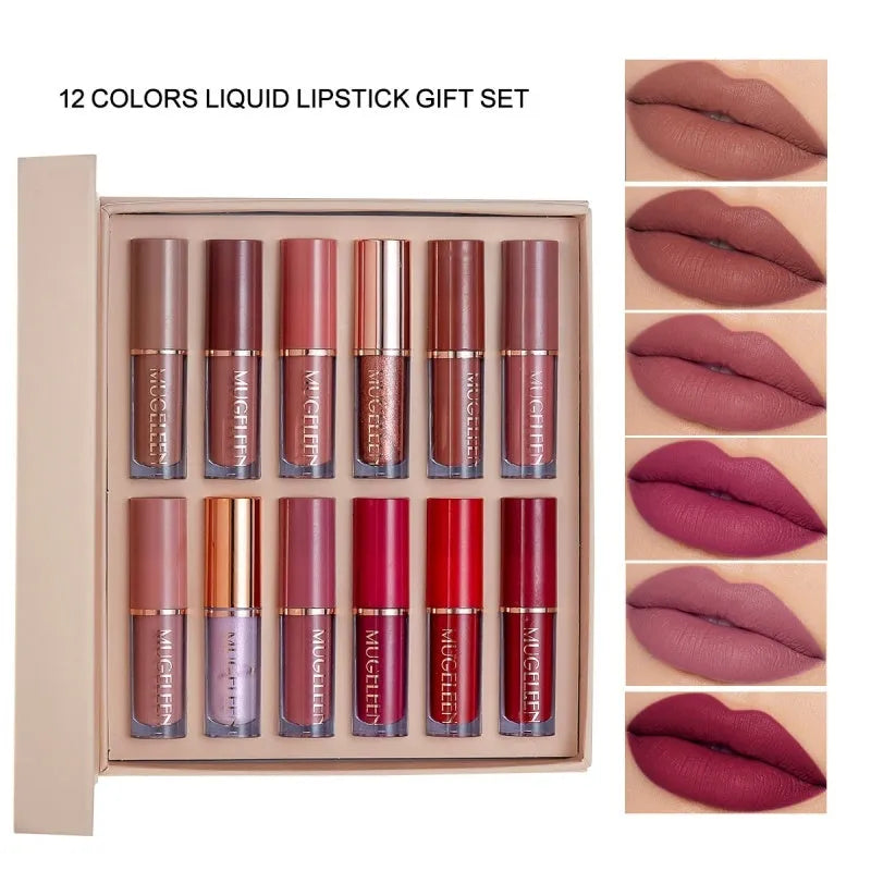 Boxed set of 12 matte shimmer lip glazes in various shades on a pink background.