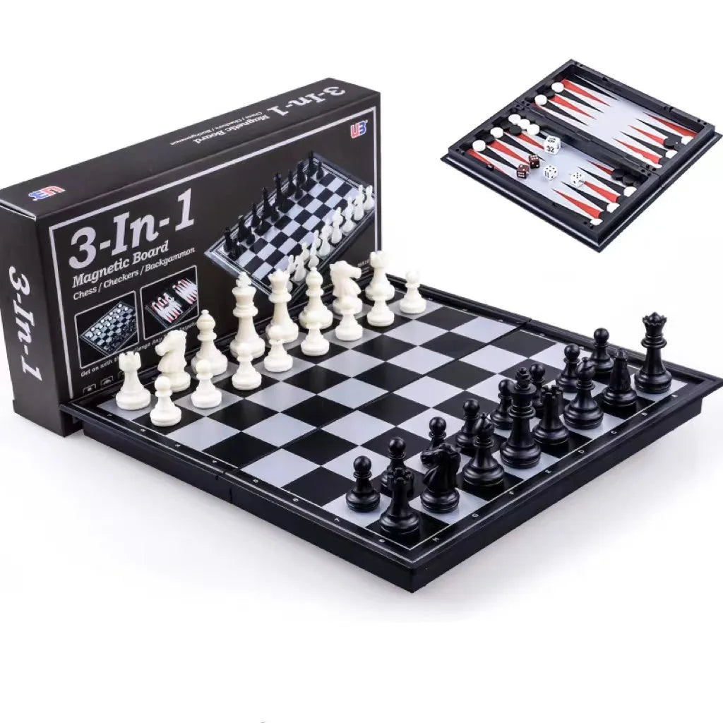 Three-in-one magnetic chess checkers backgammon set with plastic board, ABS pieces, and colour box packaging