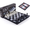 Three-in-one magnetic chess checkers backgammon set with plastic board, ABS pieces, and colour box packaging