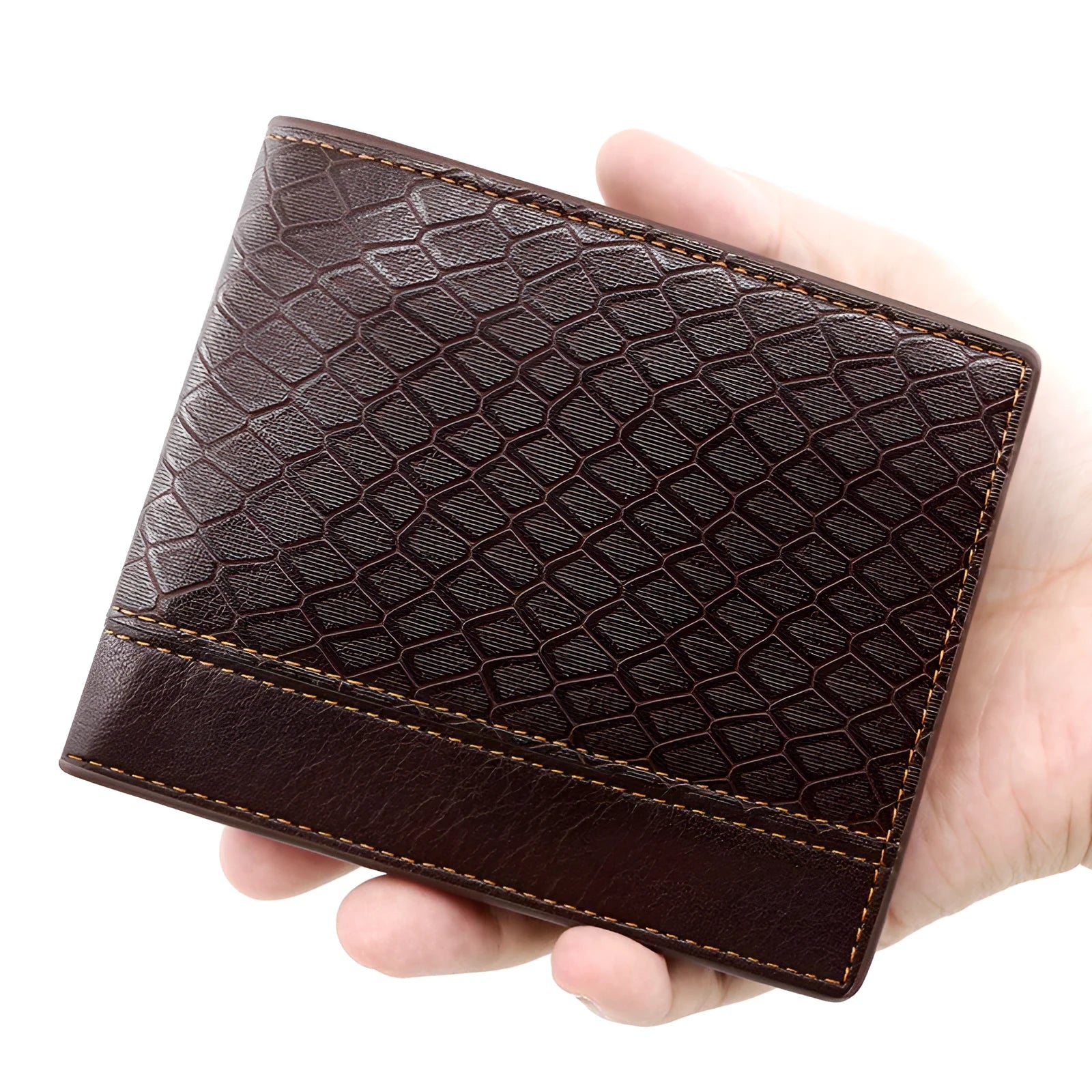 Men's horizontal square PU leather wallet with embossed snake pattern, available in rustic brown, dark brown, and black