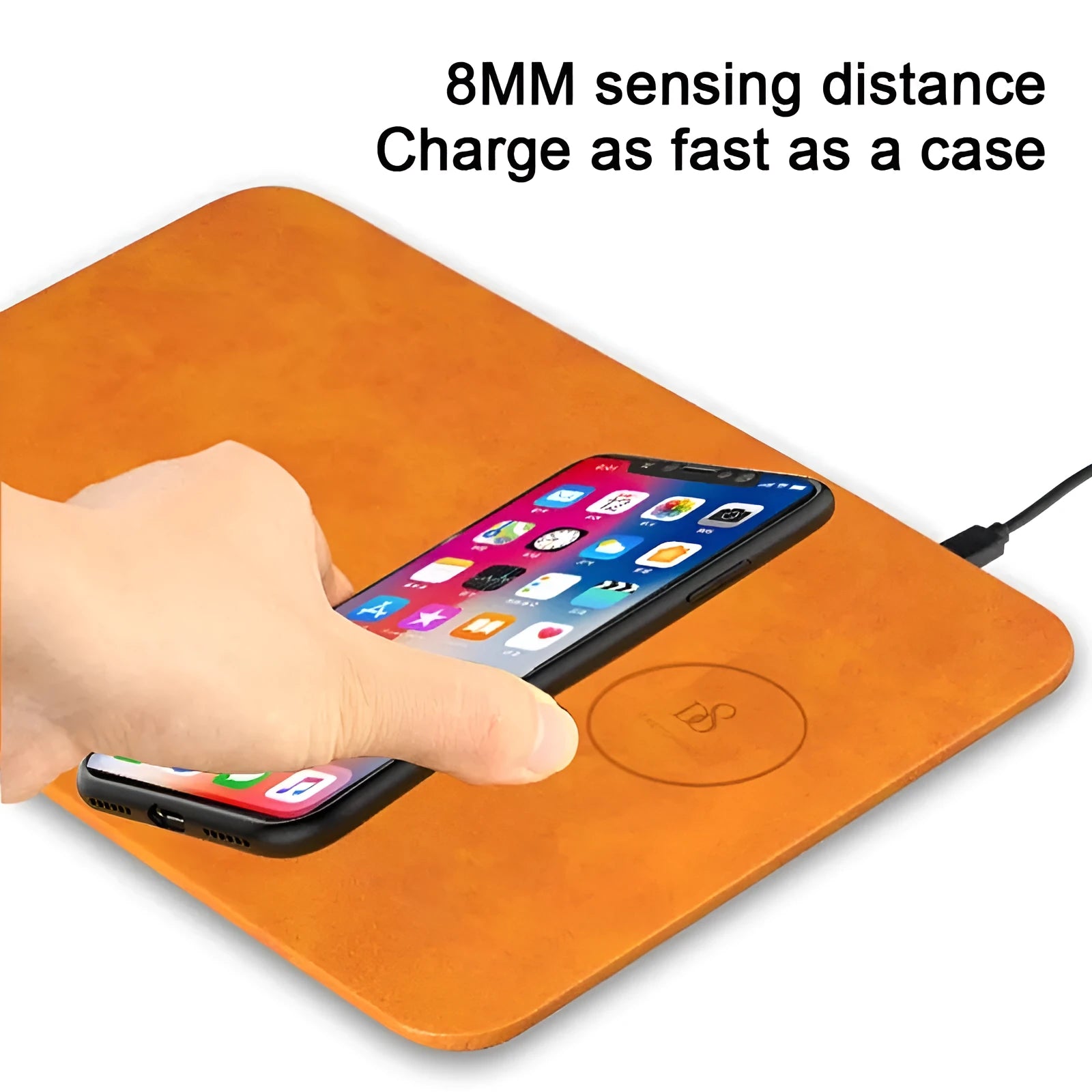 Brown leather-textured wireless charging mouse pad with Micro USB port for fast Qi charging.