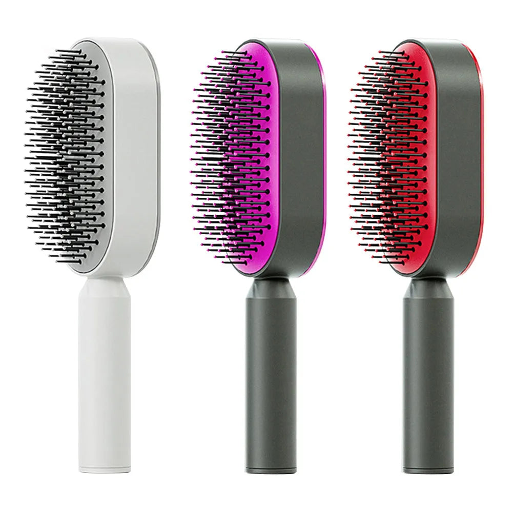 Self-cleaning air cushion hair brush in white, black gold, or black purple with ergonomic handle