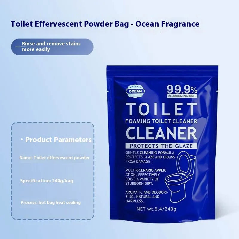 Toilet bubble effervescent cleaning powder in blue or pink fragrance, showing 240g bag and box of 40g sachets.