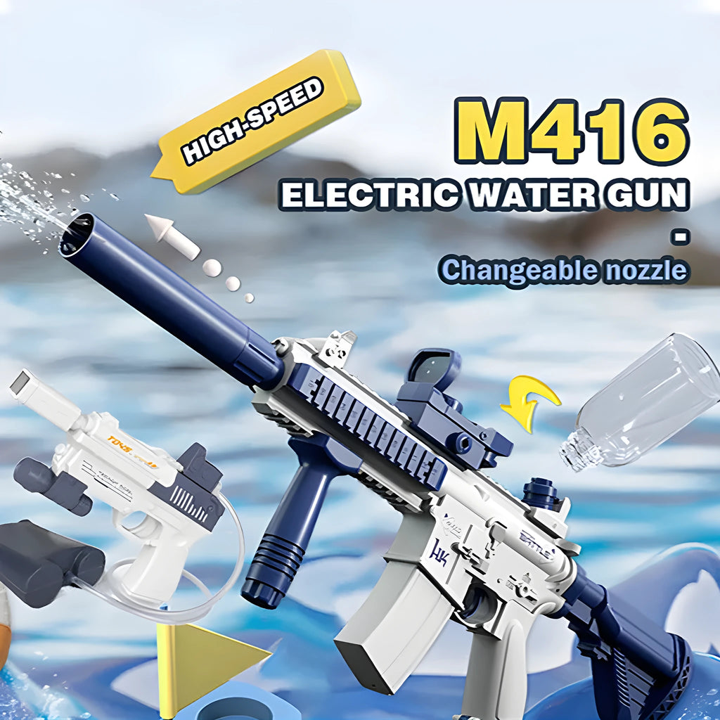 Blue automatic electric water gun with USB charging port and continuous firing function for outdoor water play