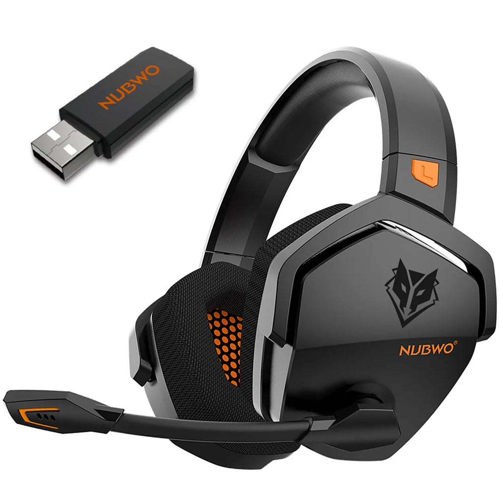 Black orange wireless gaming headset with hybrid 2.4GHz and Bluetooth connectivity and head-mounted design