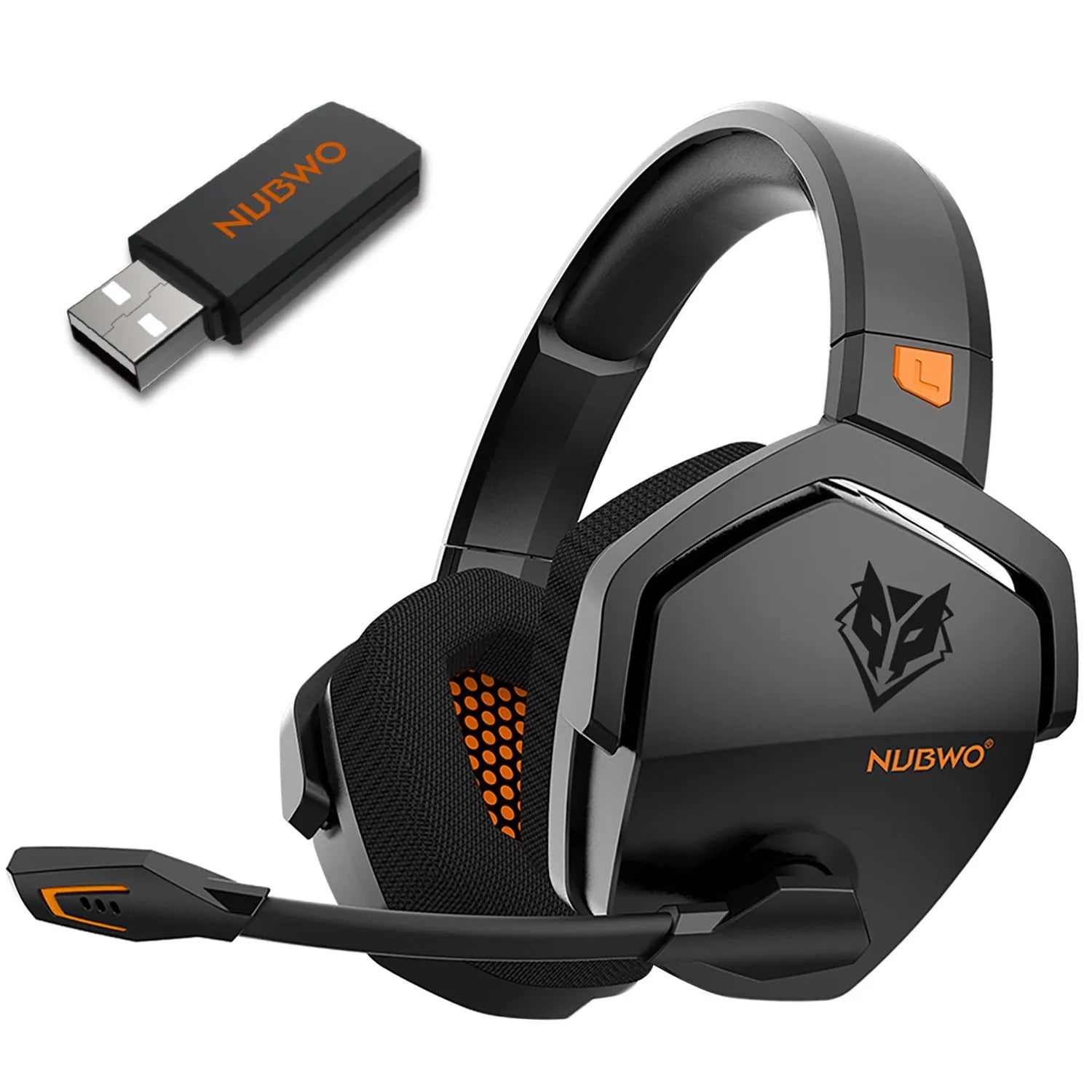Black orange wireless gaming headset with hybrid 2.4GHz and Bluetooth connectivity and head-mounted design