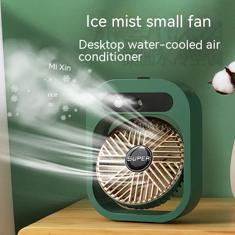 Green and white portable USB misting fan with water tank and adjustable vents