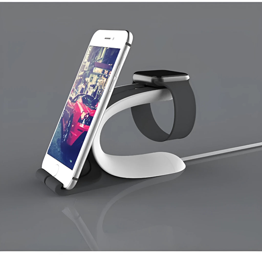 Grey and green Apple Watch and iPhone dual charging stand on a desktop.
