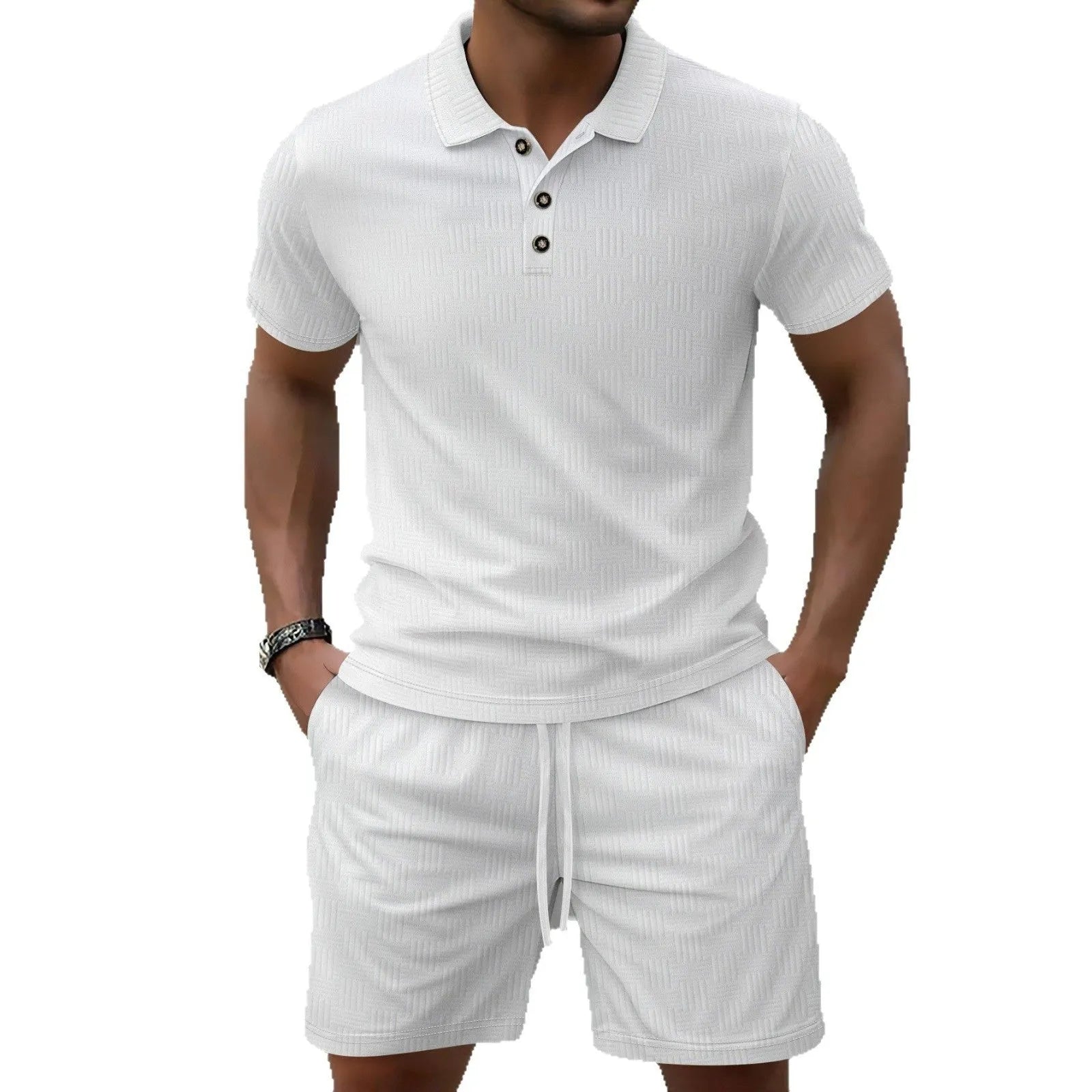 Men's solid colour jacquard short sleeve casual suit with matching shorts on a neutral background.