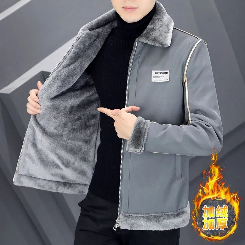 Men's corduroy coat with velvet lining and fur trim, available in black, gray, dark brown and milky white, Asian sizes 165-185
