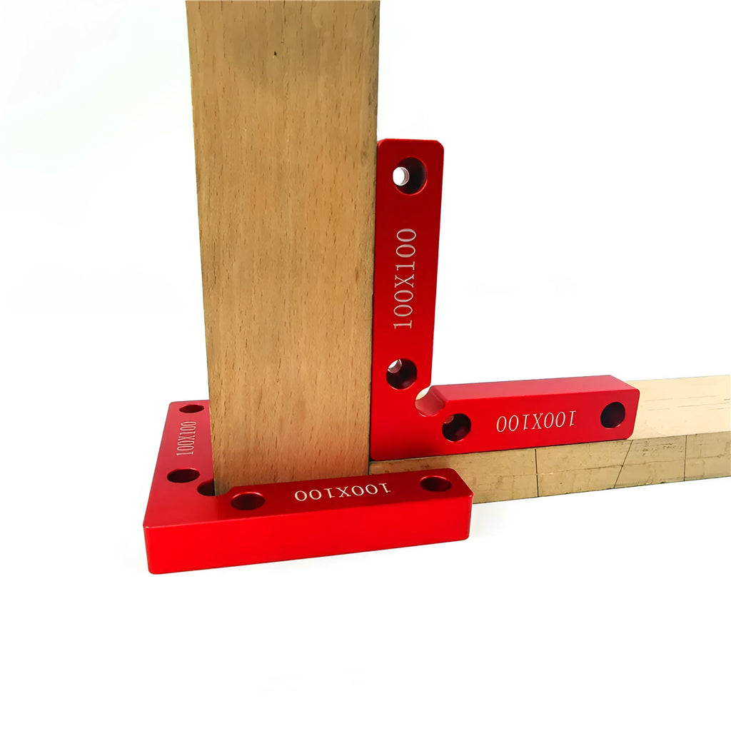 Aluminium right angle positioning block for woodworking with laser-etched measuring scale.