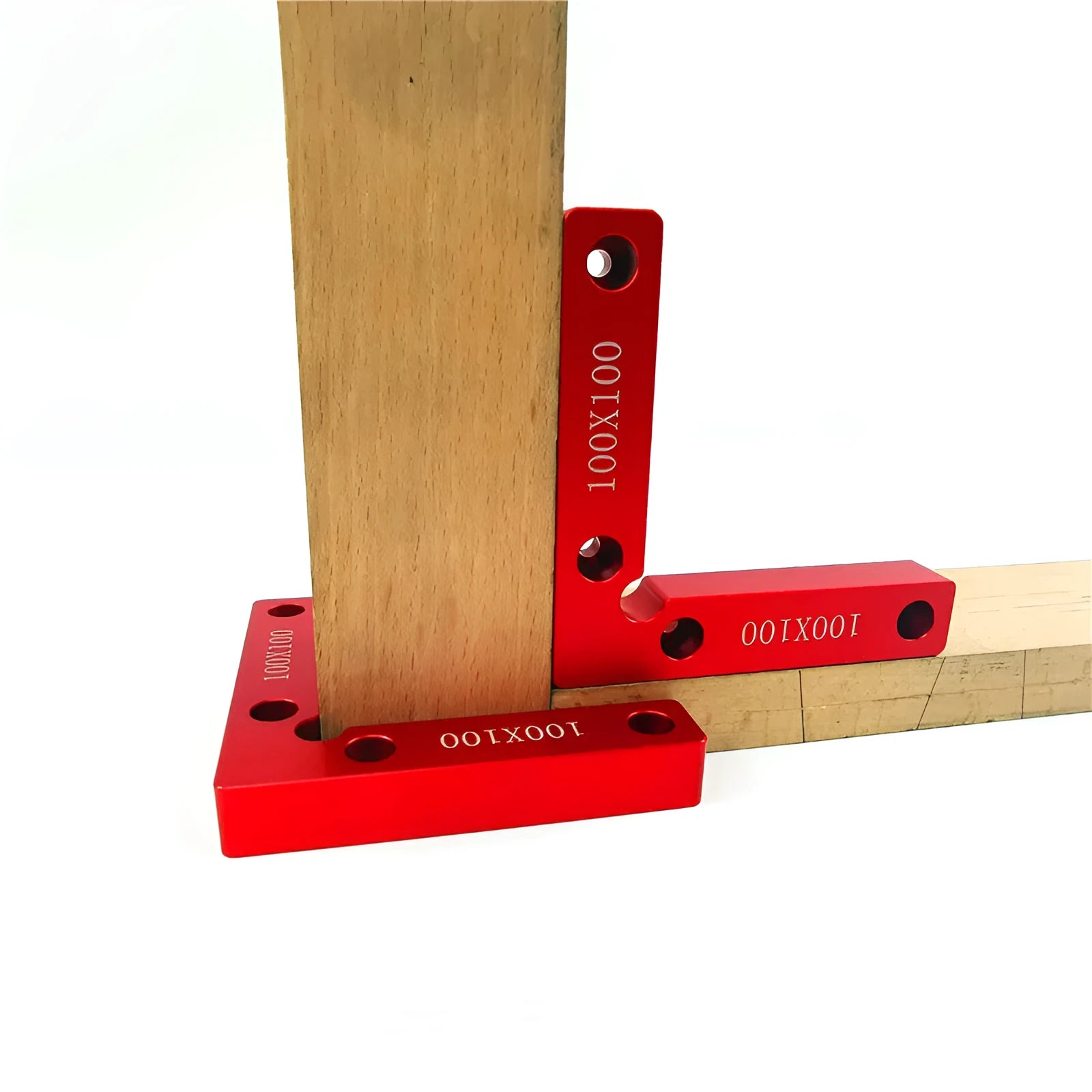 Aluminium right angle positioning block for woodworking with laser-etched measuring scale.