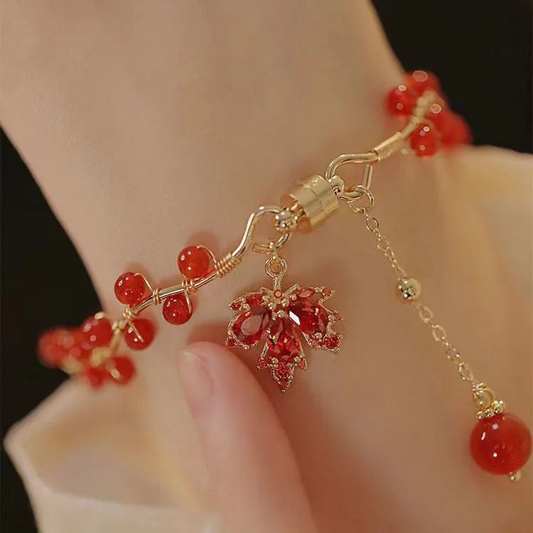Red ginkgo leaf maple charm magnetic bracelet with Chinese style design on alloy band