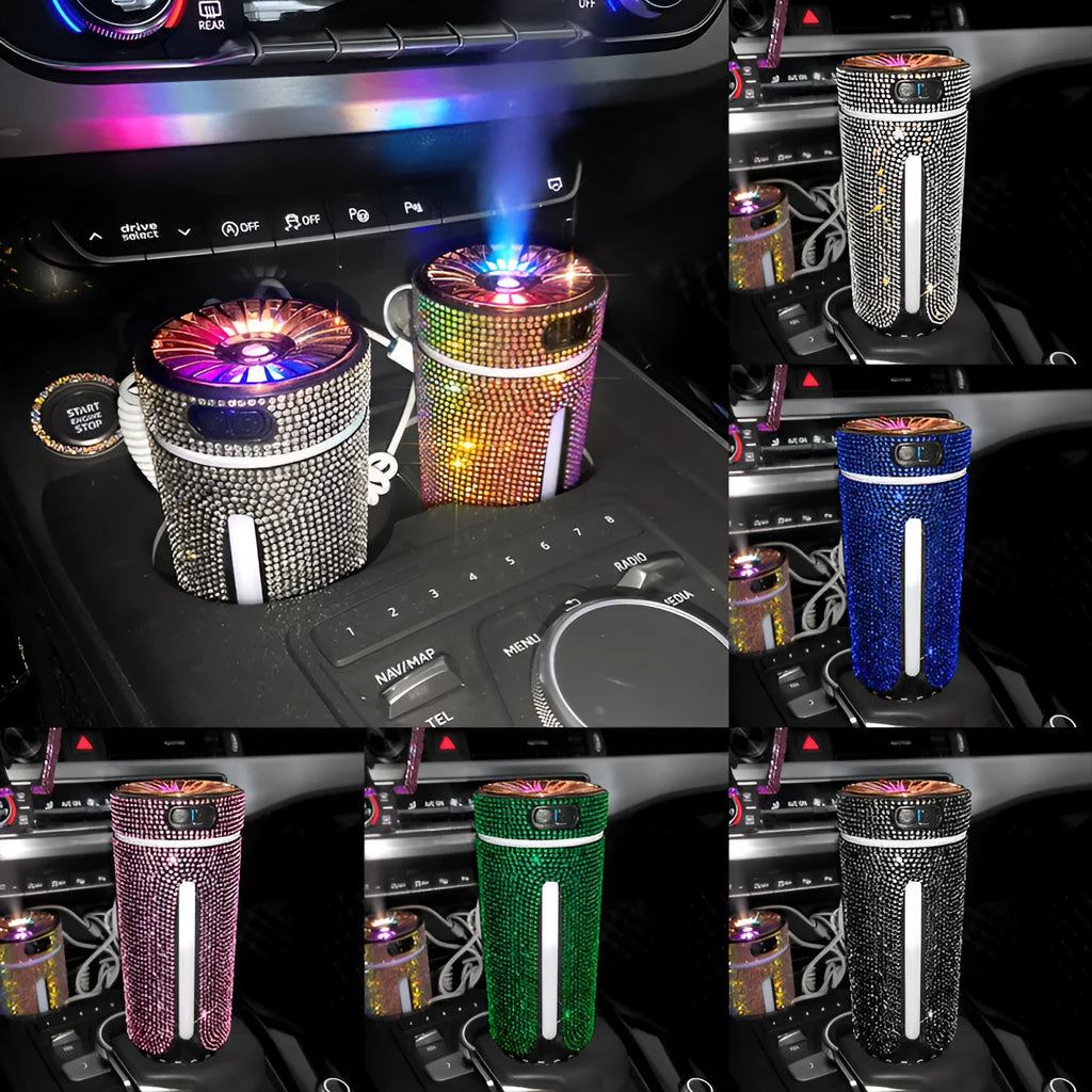 Diamond rhinestone car humidifier with LED lights and mist output, measuring 15x7x7cm