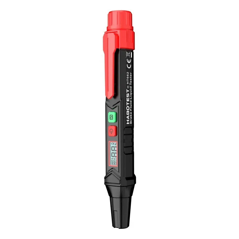 Digital brake fluid tester pen with LCD screen, included batteries and manual in a colour box.