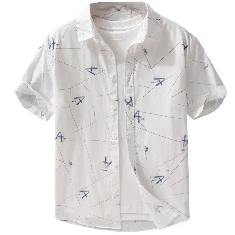 Man wearing a light green loose-fit cotton short sleeve cardigan-style shirt