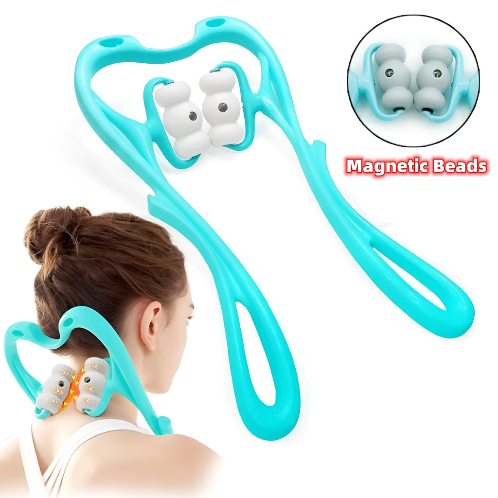 Blue handheld neck and shoulder massager with pressure nodes showing 360-degree rotation.
