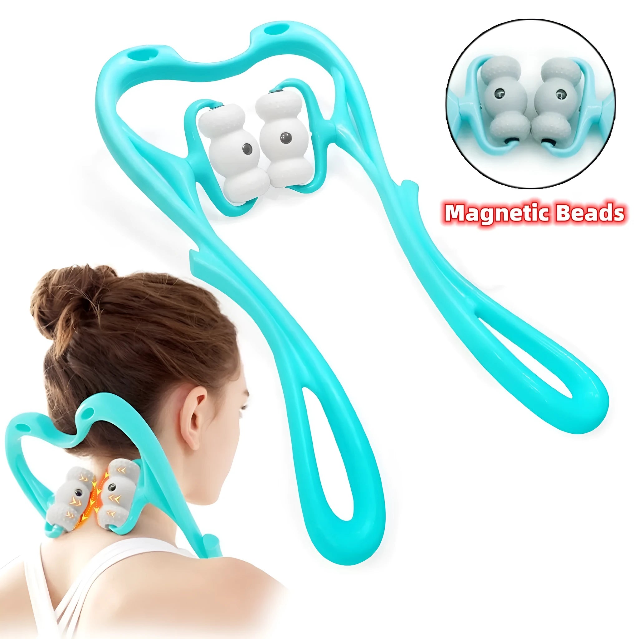 Blue handheld neck and shoulder massager with pressure nodes showing 360-degree rotation.