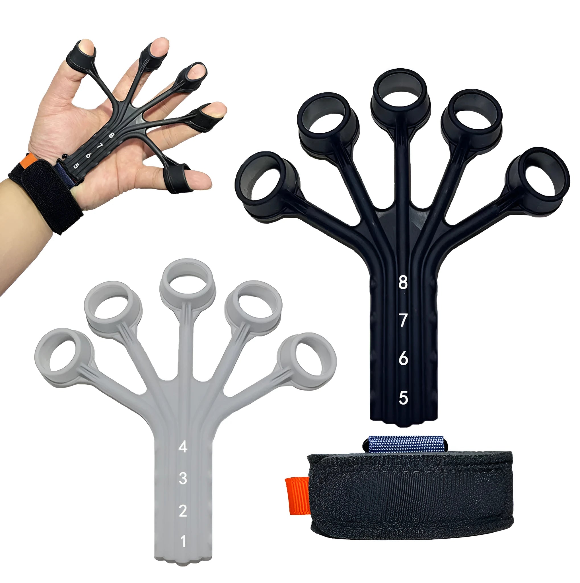 Black and grey silicone finger flexion extension trainer with adjustable elastic belts laid flat.