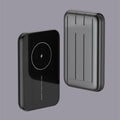 Blue magnetic wireless charging power bank showing dimensions and multi-port output