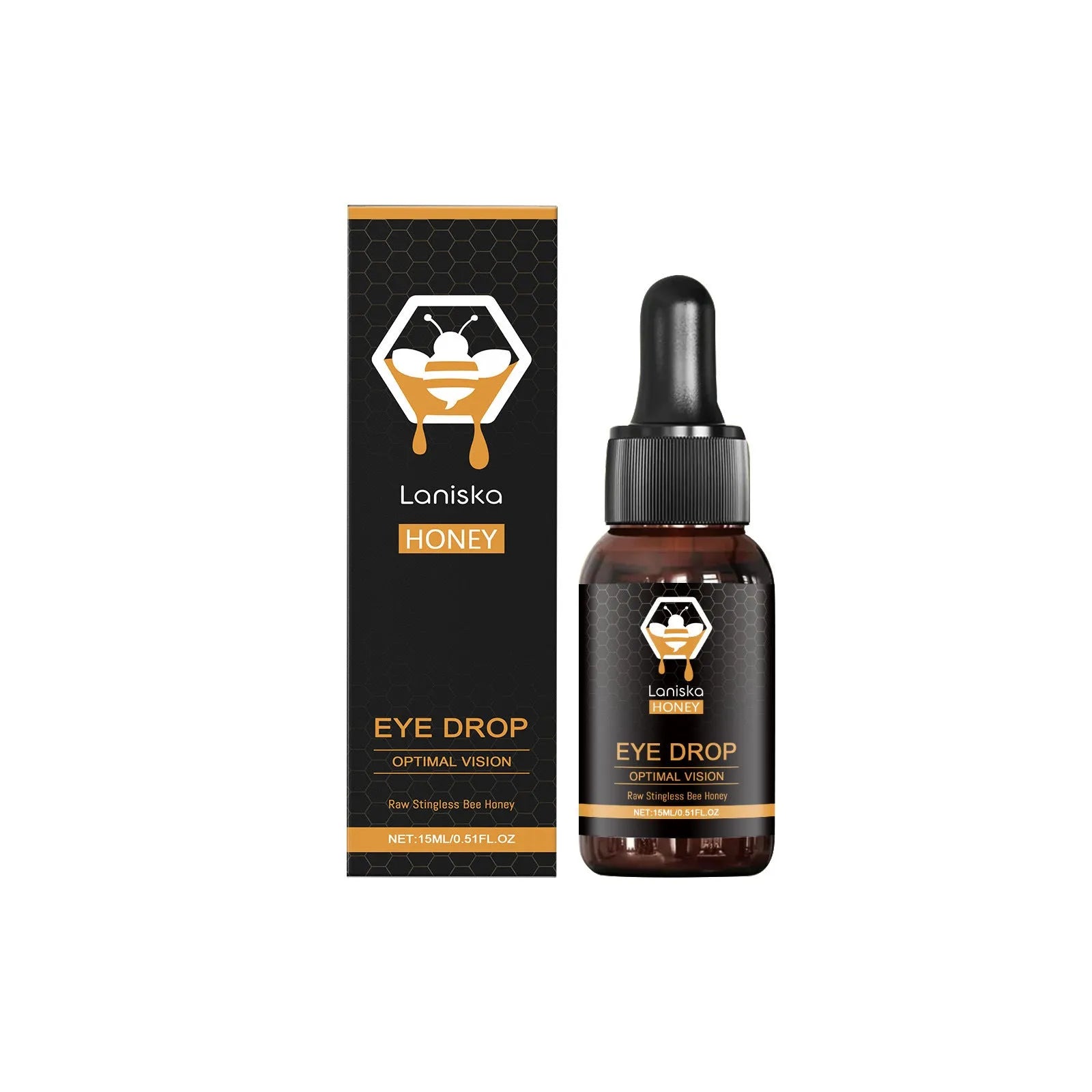 15ml bottle of honey eye drops for dry eye relief on a plain background.