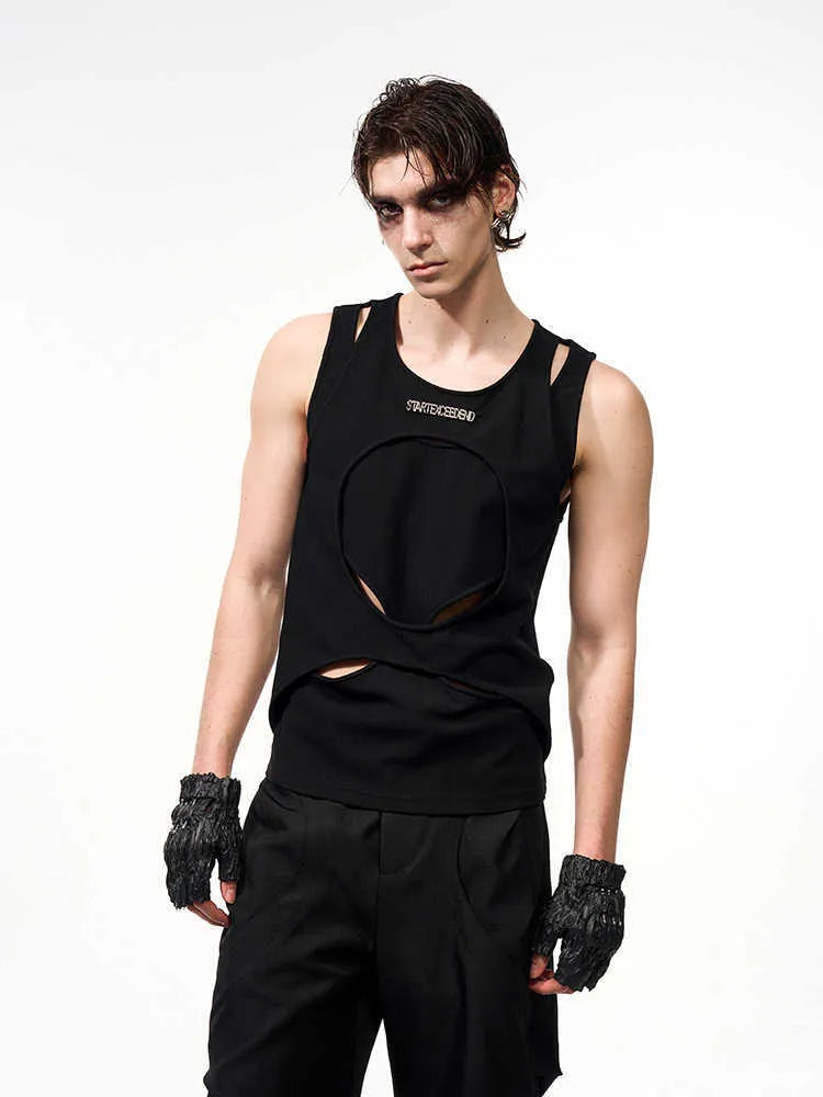 Men's loose sleeveless waistcoat in black, showing round neck and pullover design.