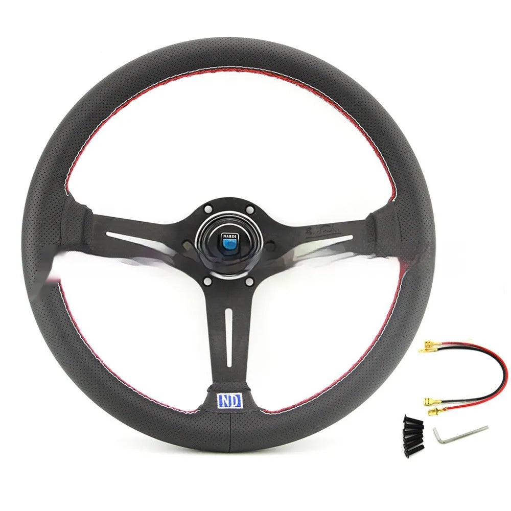 A leather-wrapped 14-inch car steering wheel with a middle concave design, shown with a silver skeleton frame.