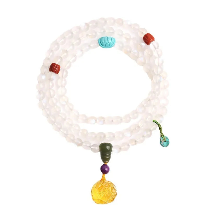 White moonstone crystal 108 prayer beads bracelet in ethnic style for women.