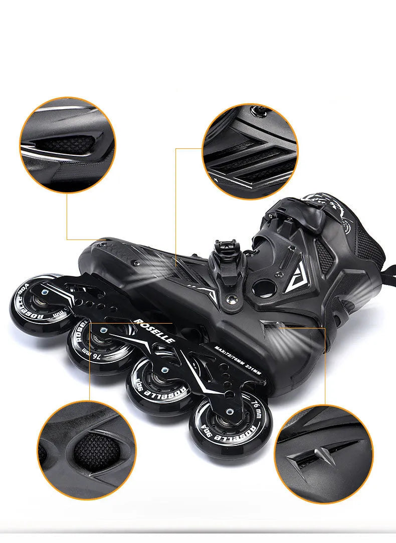 Adult inline roller skates for beginners with PP shell, aluminium frame, and PU wheels, black colour, side view