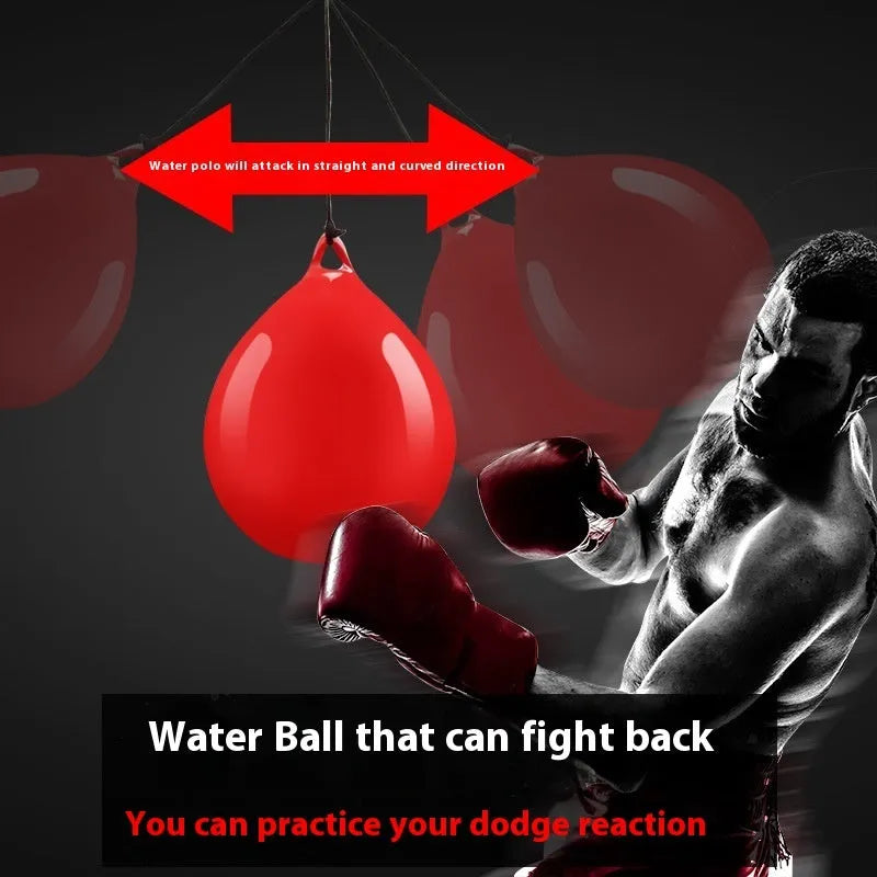 Red water-filled PVC boxing reaction ball with hook rope attachment for martial arts training
