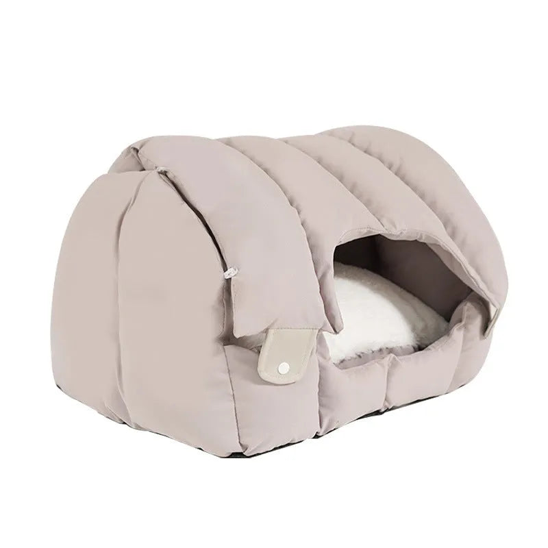 Grey and green dual-purpose arched pet bed shown as an enclosed cat nest and an open sofa bed for cats and dogs.