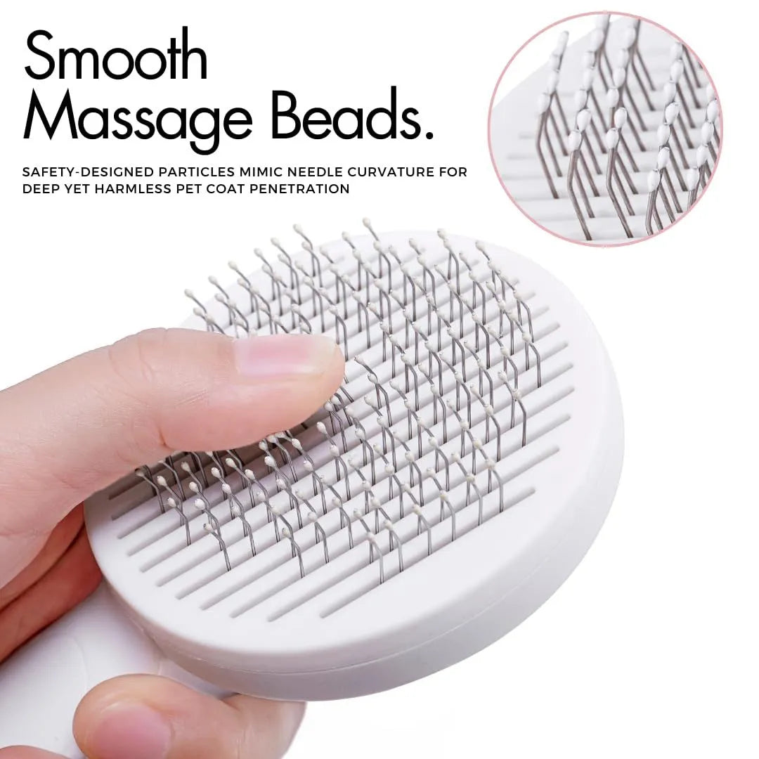 Self-cleaning pet grooming brush with blue rubber handle and stainless steel bristles