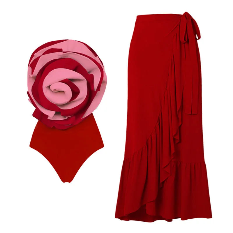 Women's one-piece swimsuit with matching skirt in black and white or red colour options