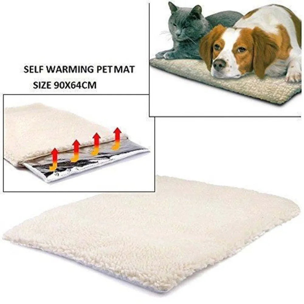 Beige self-heating pet blanket made of faux lambswool with reflective thermal layer, suitable for dogs and cats