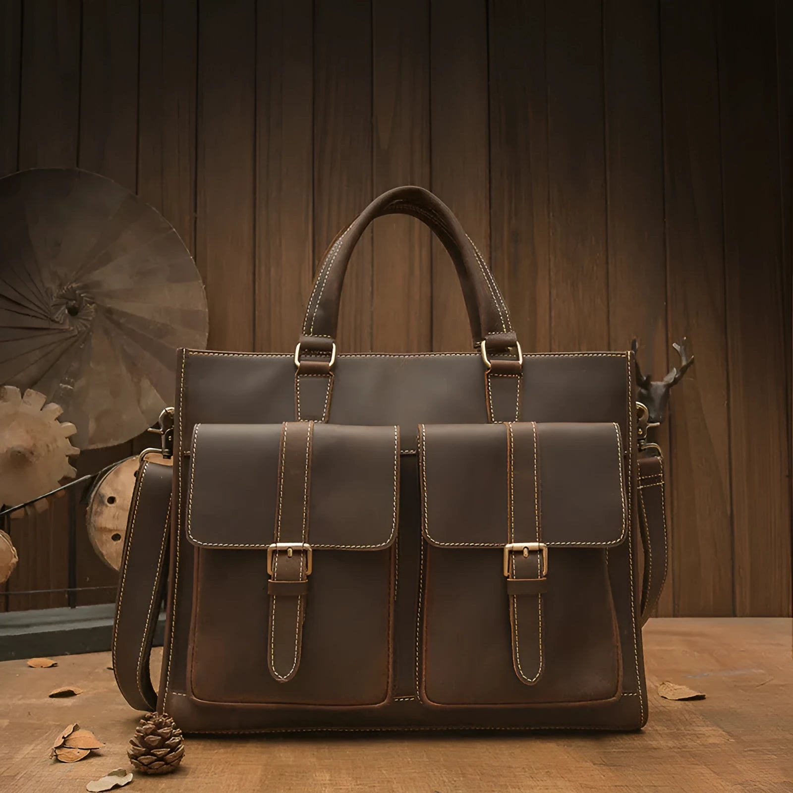 Handmade dark brown leather men's briefcase with top layer cowhide texture holding a 15-inch notebook and folder