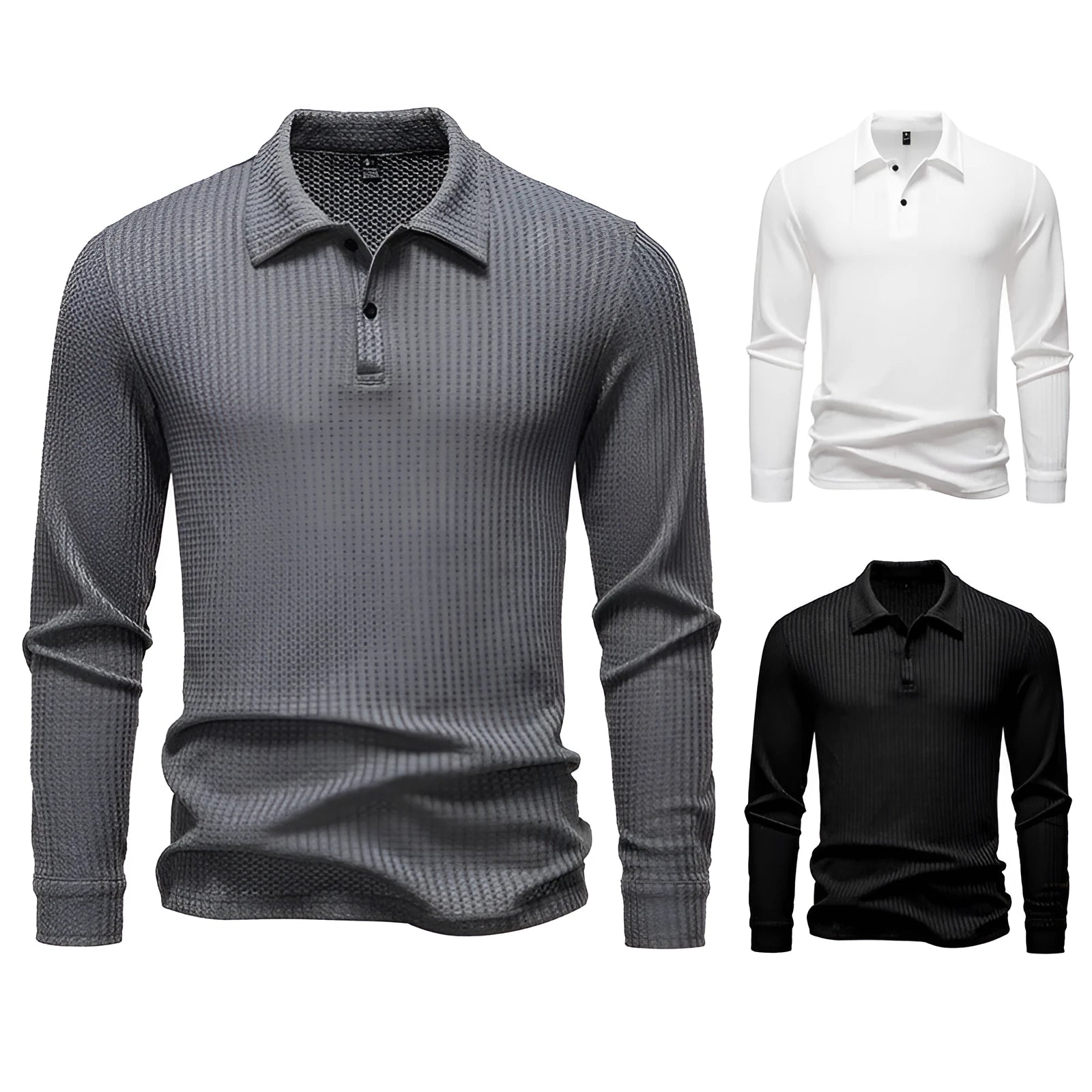Men's waffle fabric long sleeve lapel t-shirt in black, straight fit pullover