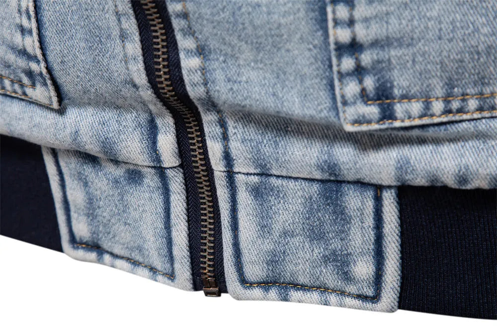 Men's plush denim jacket in European size with long sleeves and seam pockets in dark blue