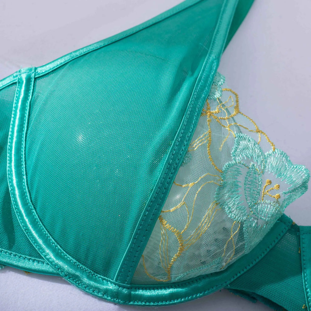 Light green women's embroidered bra and matching briefs set on a white background.